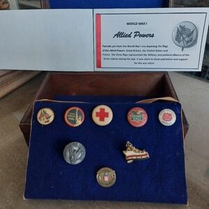 World War I & II American Patriotic Buttons/Pins With Case & Information Booklet